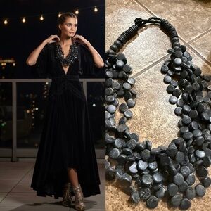 Black Carved Wood Disc Statement Necklace Boho Tribal Adjustable